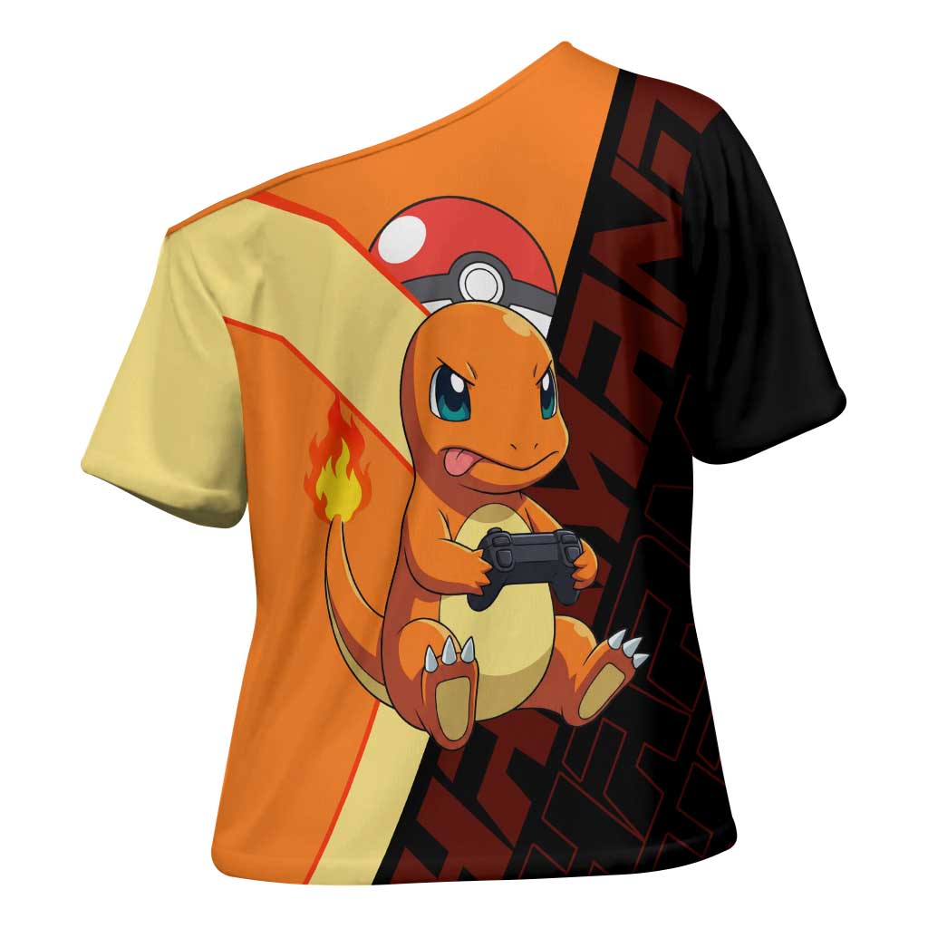 Charmander Poké Cross Shoulder Shirt Playful Retro Anime Style