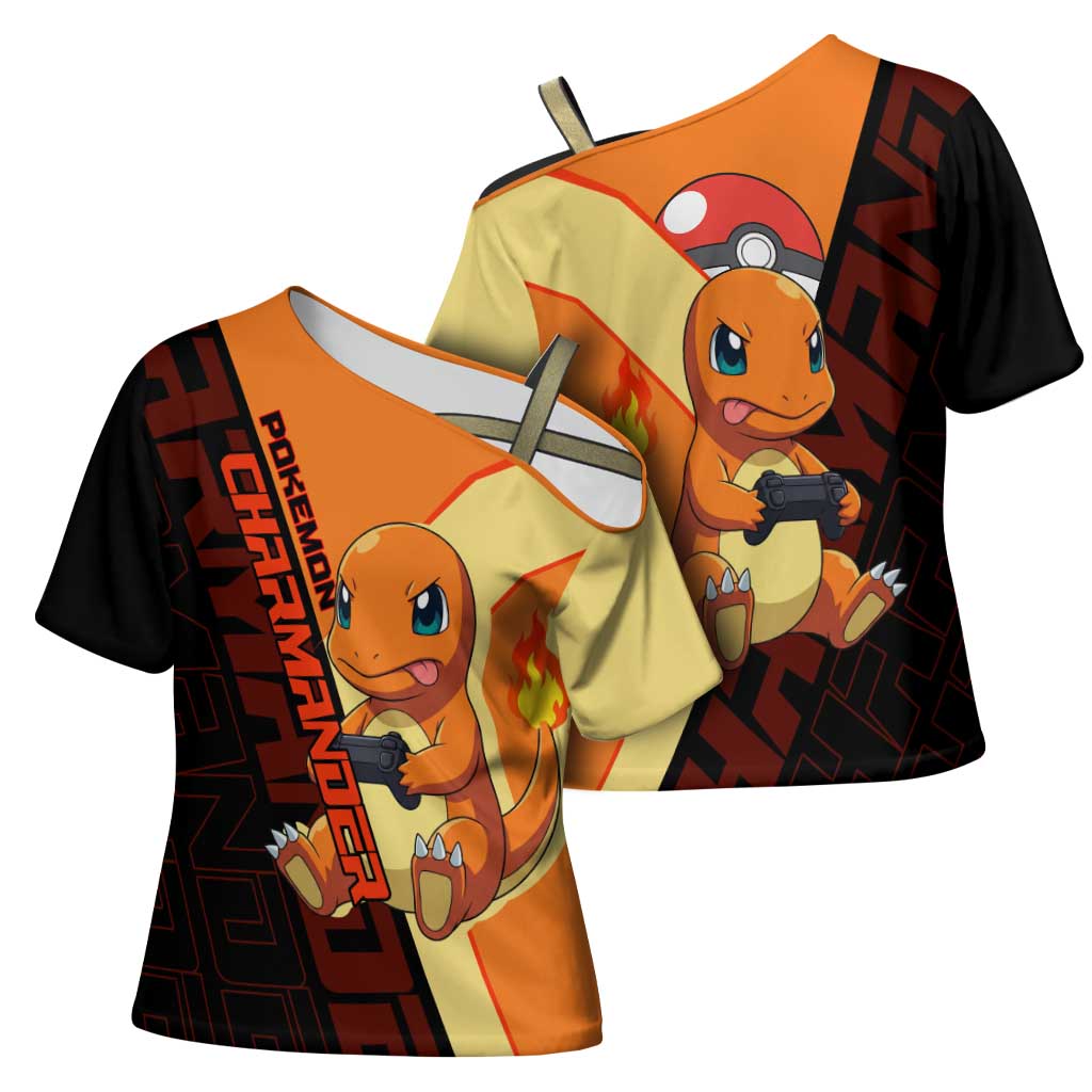 Charmander Poké Cross Shoulder Shirt Playful Retro Anime Style