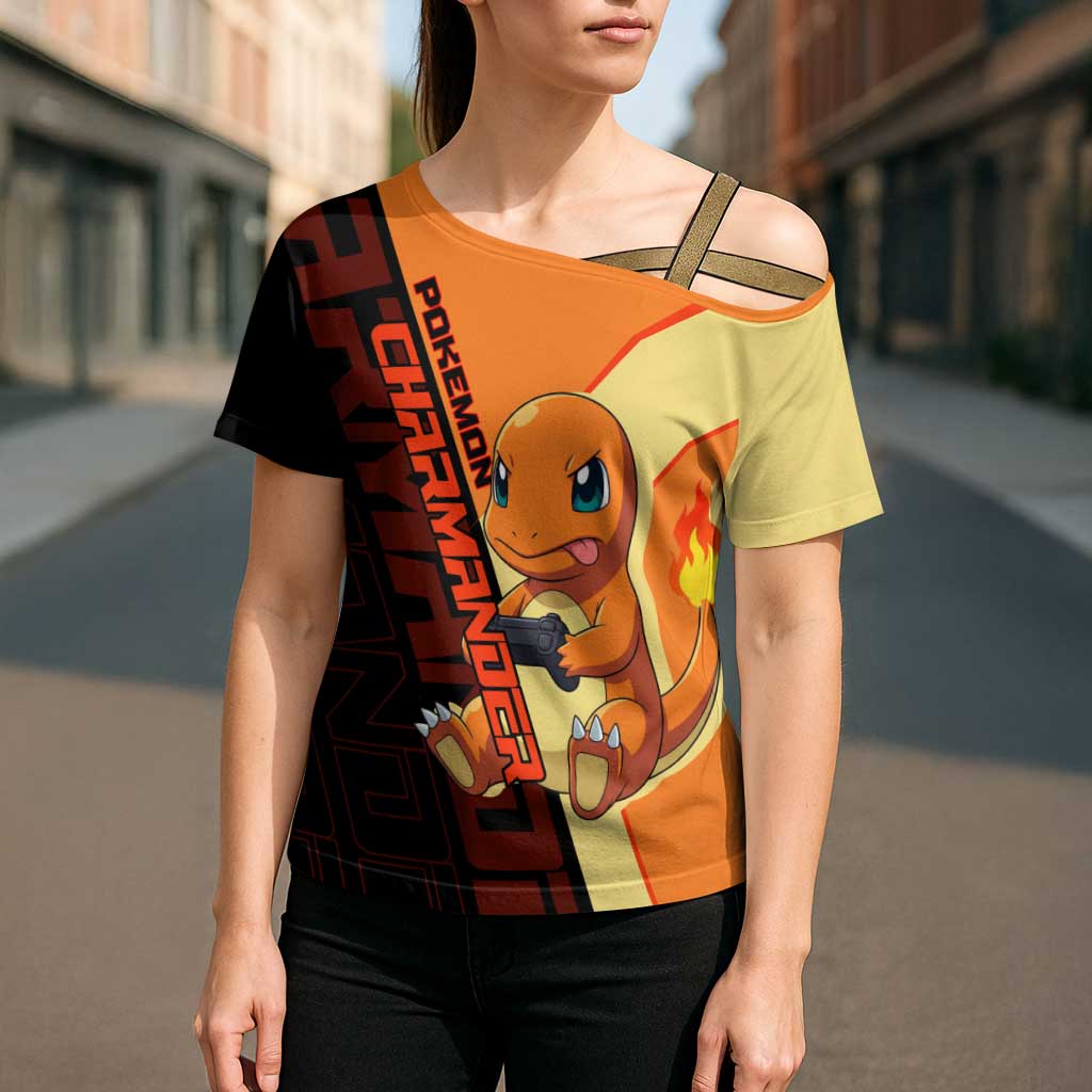 Charmander Poké Cross Shoulder Shirt Playful Retro Anime Style