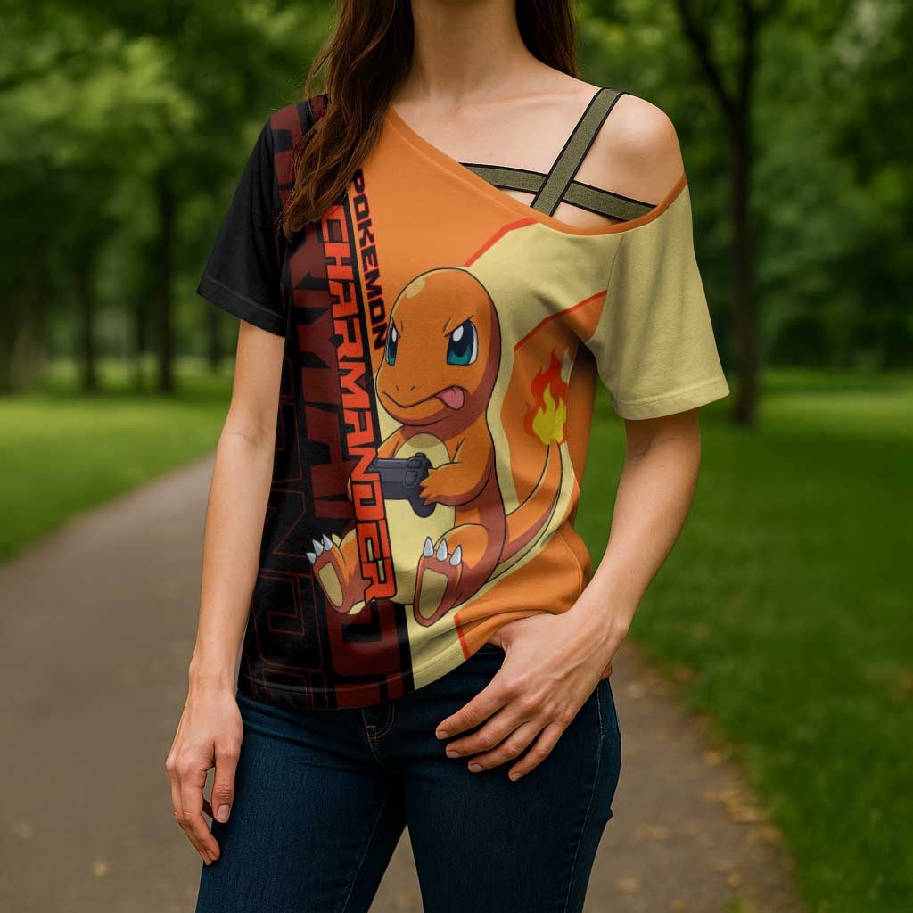Charmander Poké Cross Shoulder Shirt Playful Retro Anime Style