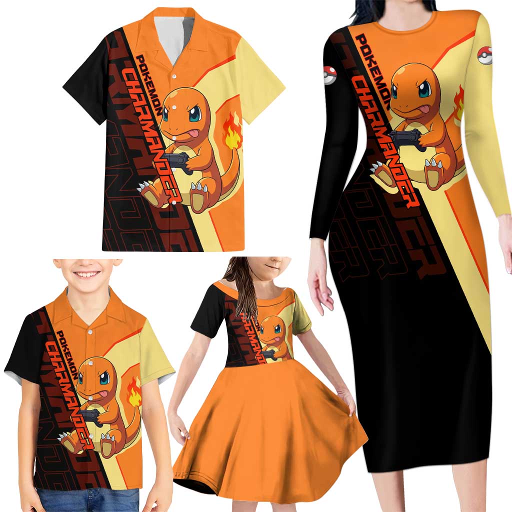 Charmander Poké Family Matching Long Sleeve Bodycon Dress and Hawaiian Shirt Playful Retro Anime Style