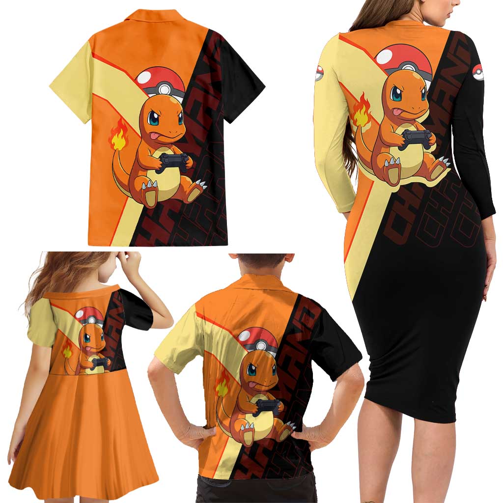 Charmander Poké Family Matching Long Sleeve Bodycon Dress and Hawaiian Shirt Playful Retro Anime Style