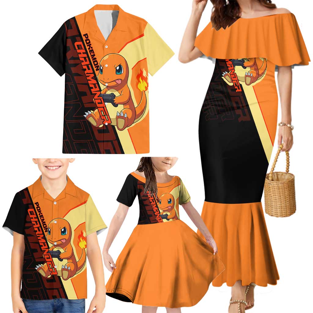 Charmander Poké Family Matching Mermaid Dress and Hawaiian Shirt Playful Retro Anime Style