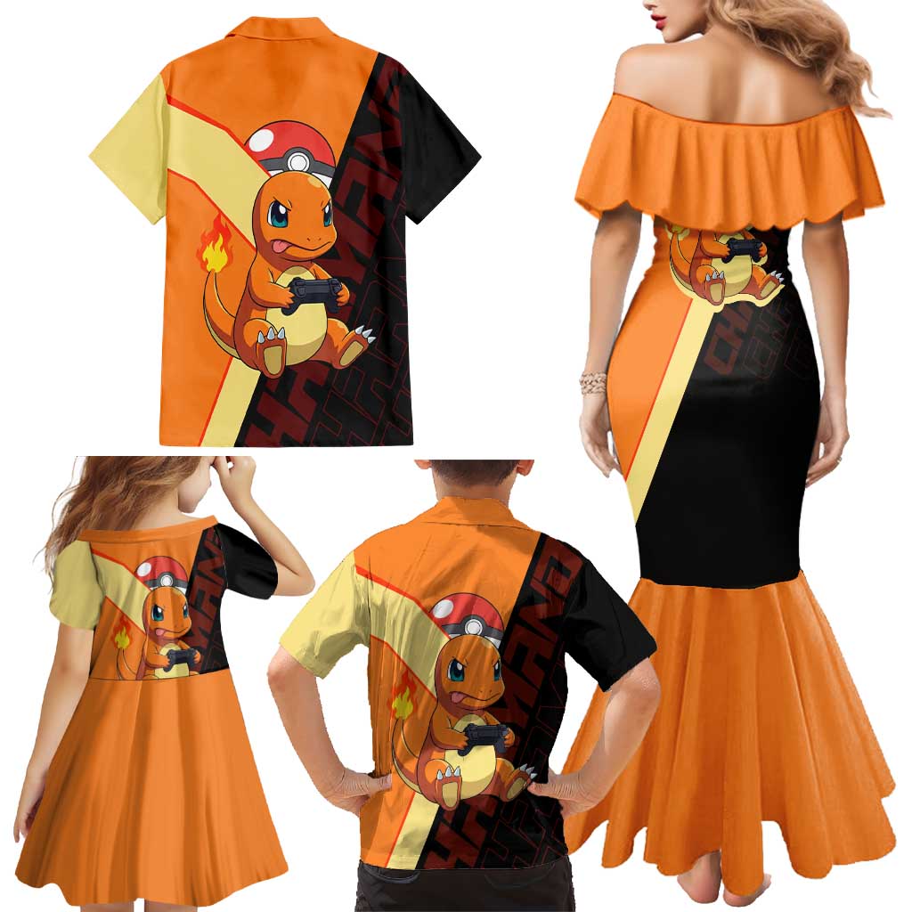 Charmander Poké Family Matching Mermaid Dress and Hawaiian Shirt Playful Retro Anime Style