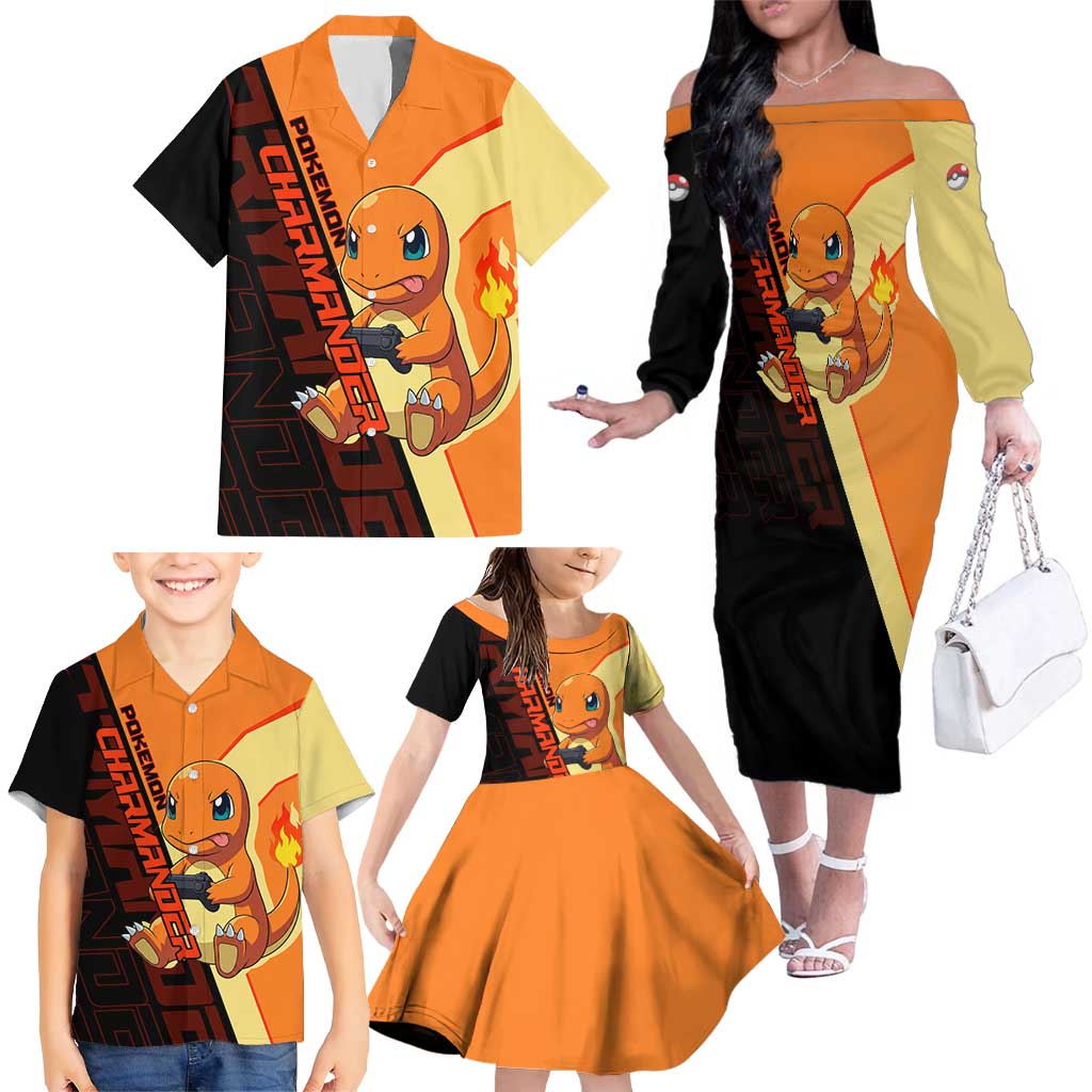Charmander Poké Family Matching Off The Shoulder Long Sleeve Dress and Hawaiian Shirt Playful Retro Anime Style