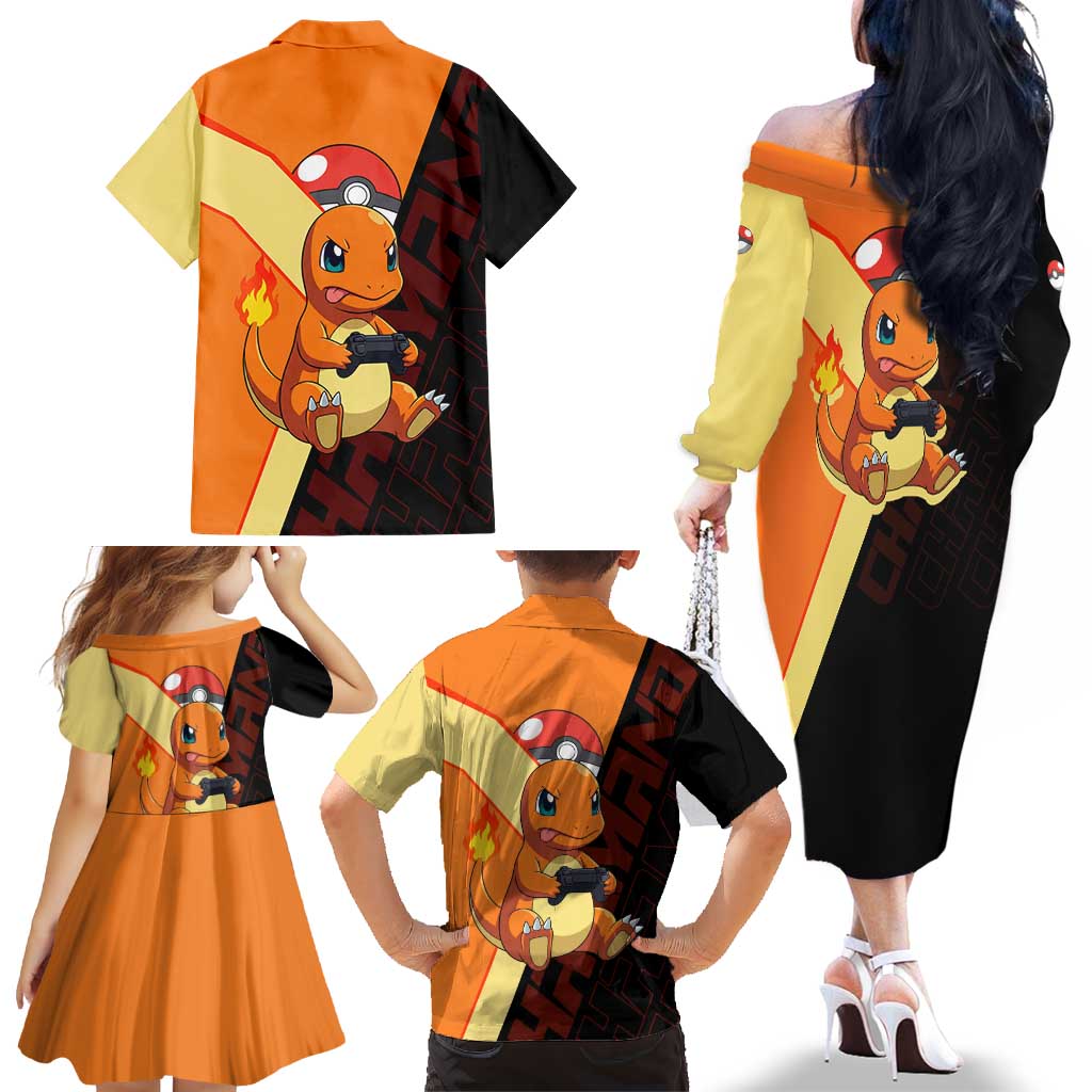 Charmander Poké Family Matching Off The Shoulder Long Sleeve Dress and Hawaiian Shirt Playful Retro Anime Style