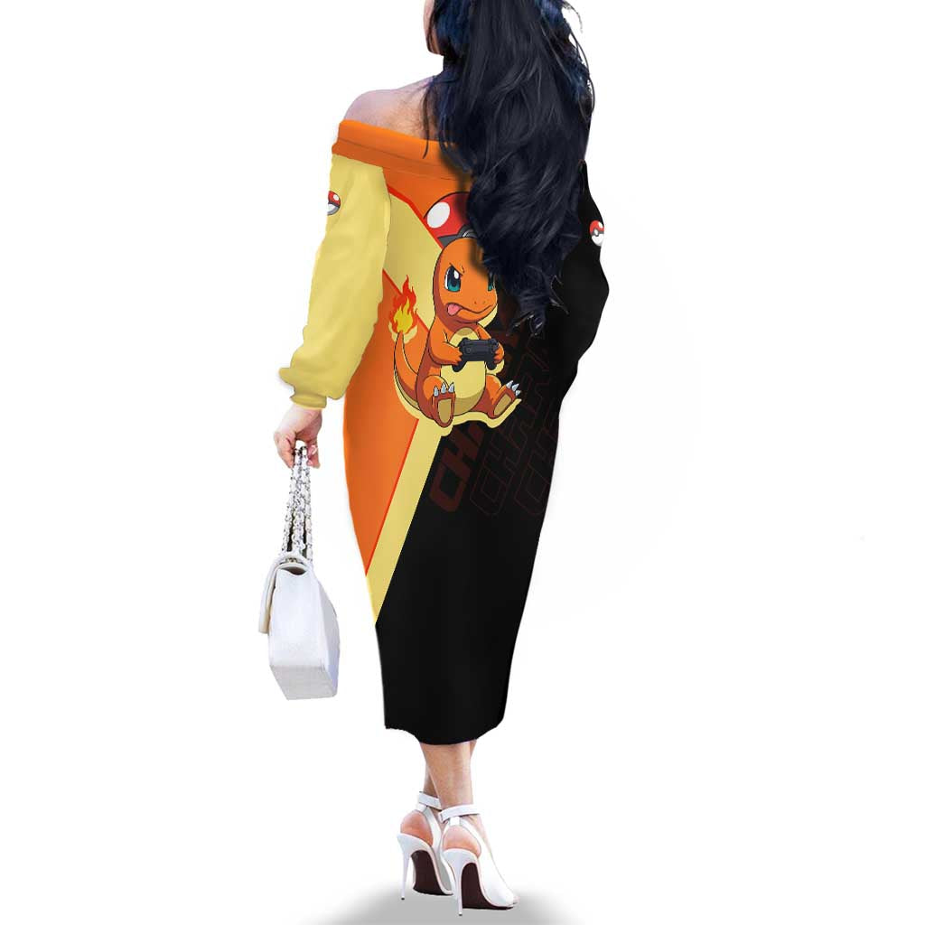 Charmander Poké Family Matching Off The Shoulder Long Sleeve Dress and Hawaiian Shirt Playful Retro Anime Style