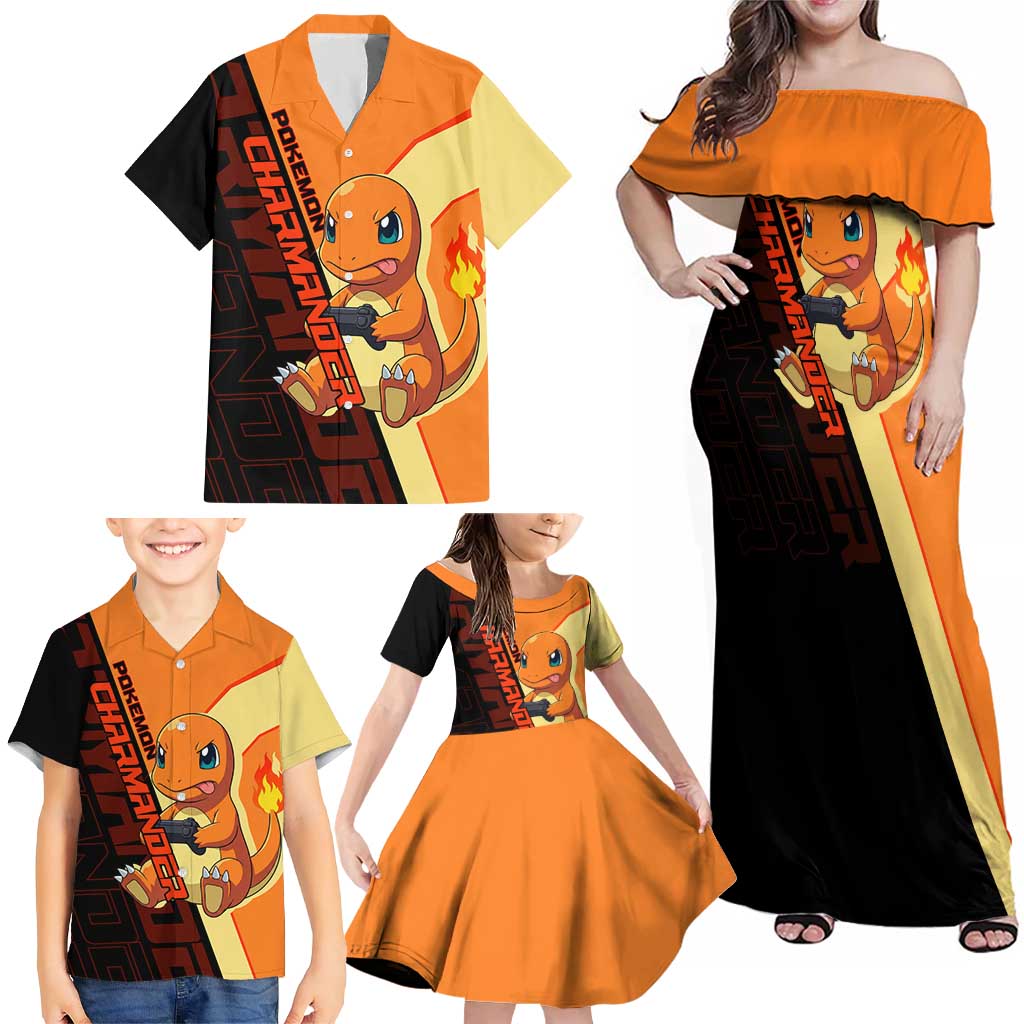 Charmander Poké Family Matching Off Shoulder Maxi Dress and Hawaiian Shirt Playful Retro Anime Style