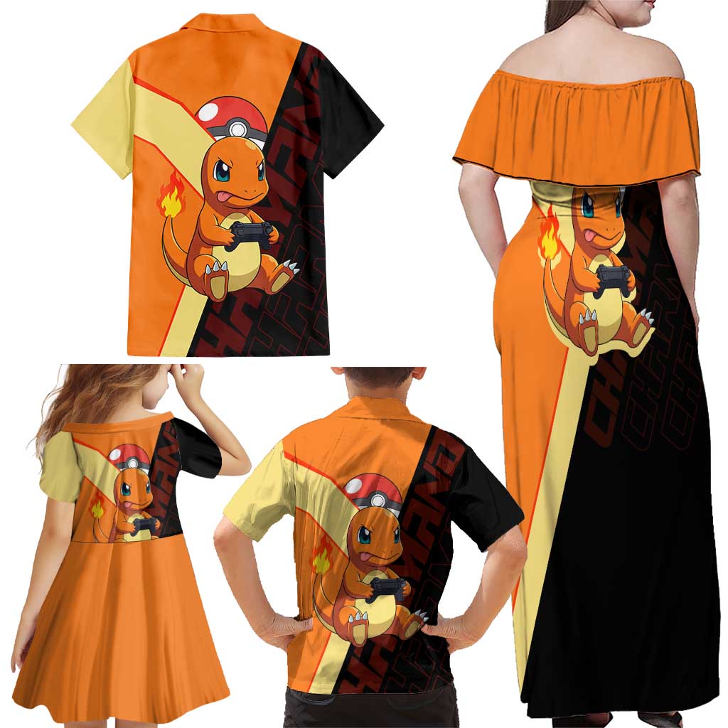Charmander Poké Family Matching Off Shoulder Maxi Dress and Hawaiian Shirt Playful Retro Anime Style