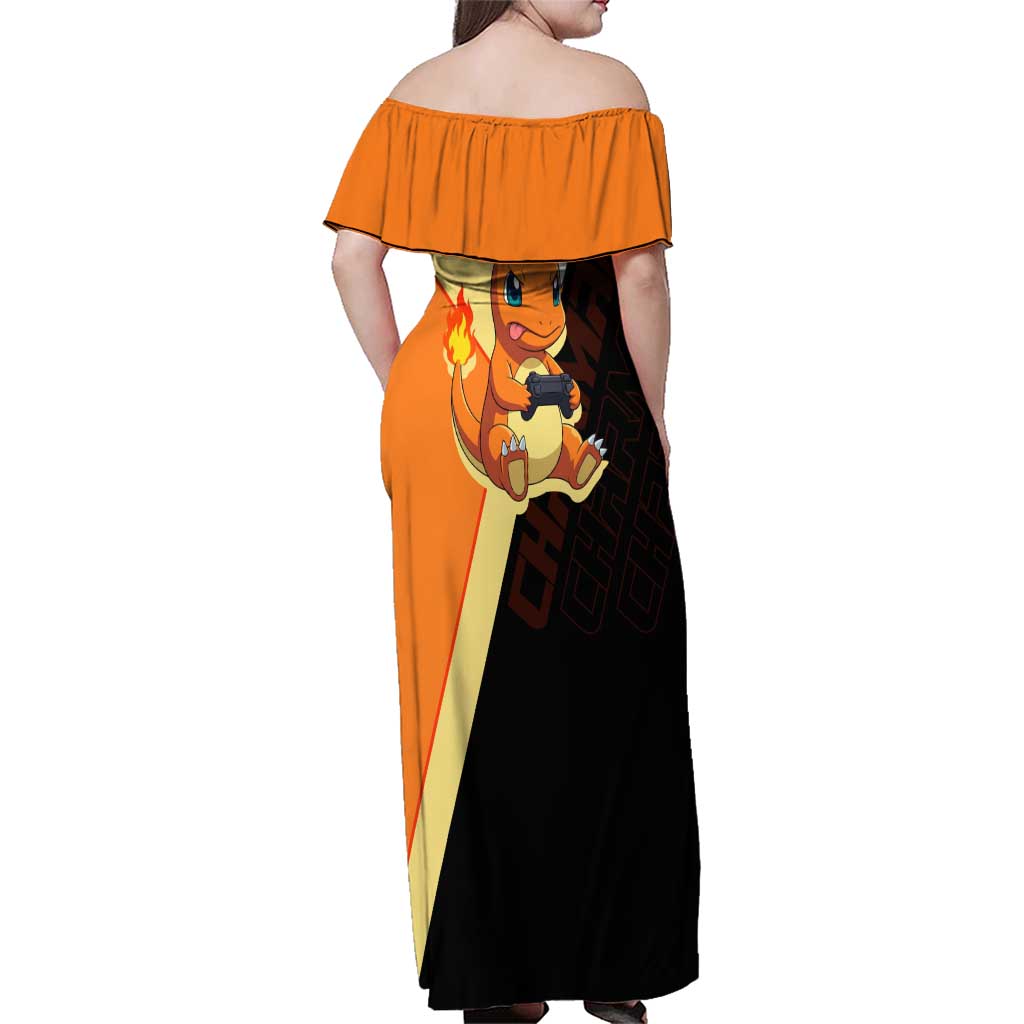 Charmander Poké Family Matching Off Shoulder Maxi Dress and Hawaiian Shirt Playful Retro Anime Style