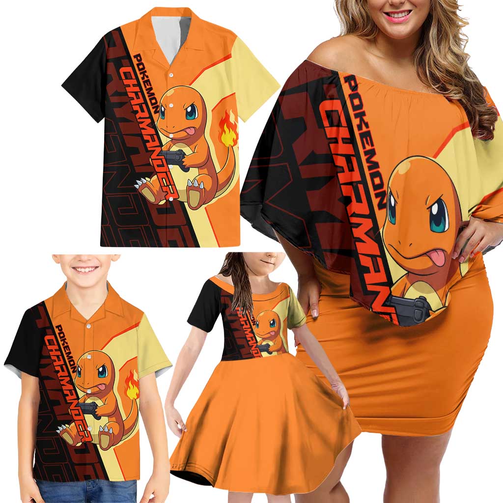 Charmander Poké Family Matching Off Shoulder Short Dress and Hawaiian Shirt Playful Retro Anime Style