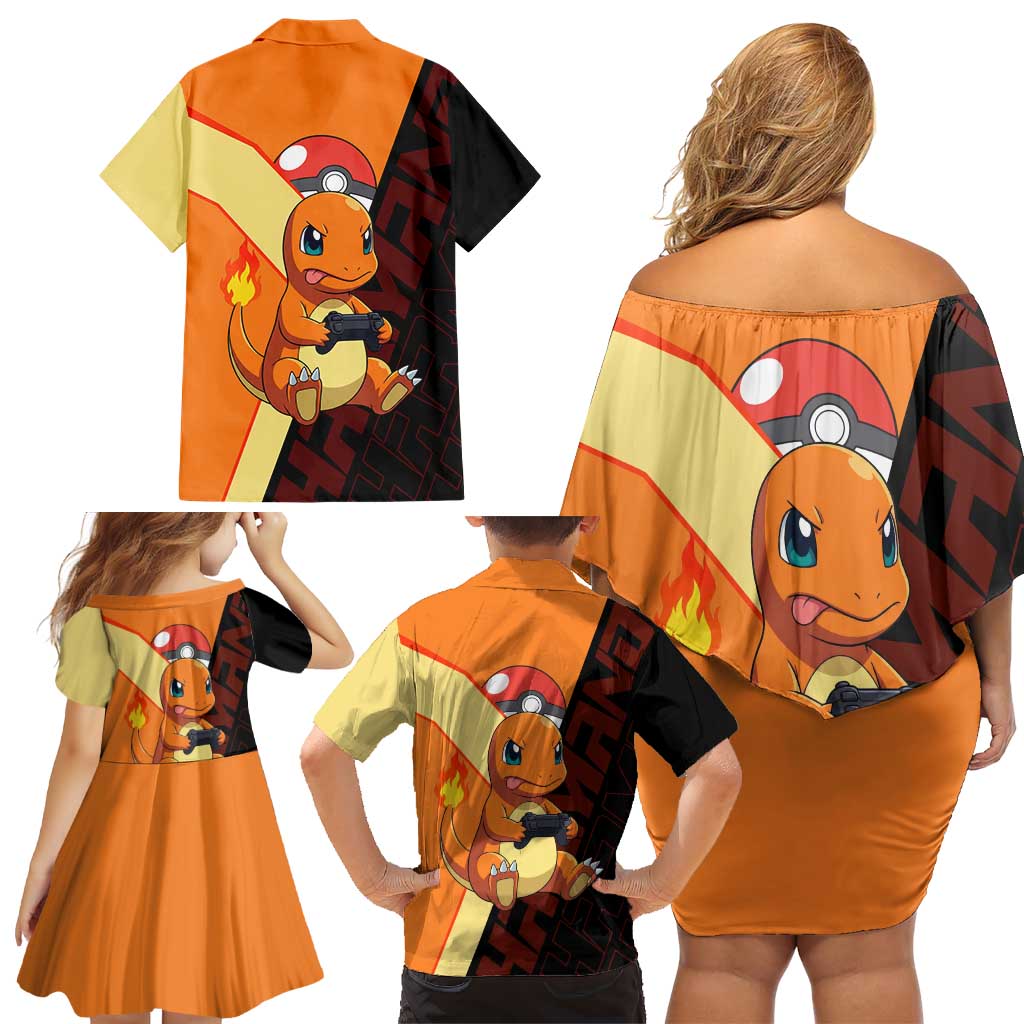 Charmander Poké Family Matching Off Shoulder Short Dress and Hawaiian Shirt Playful Retro Anime Style