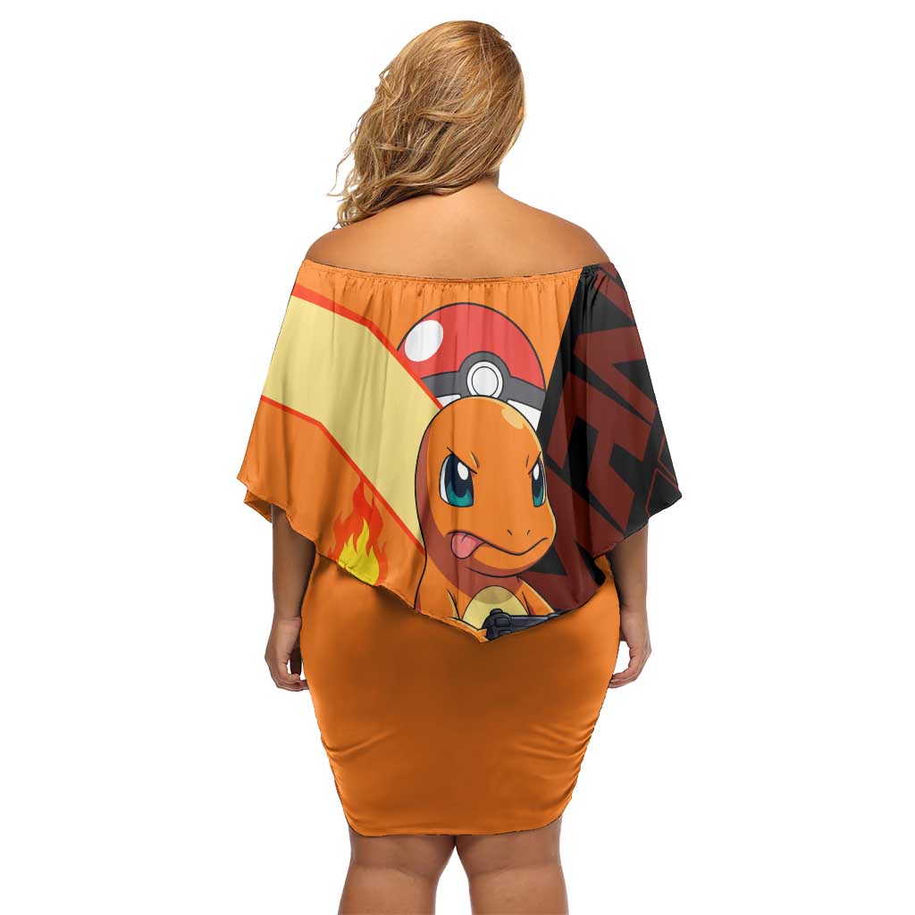 Charmander Poké Family Matching Off Shoulder Short Dress and Hawaiian Shirt Playful Retro Anime Style