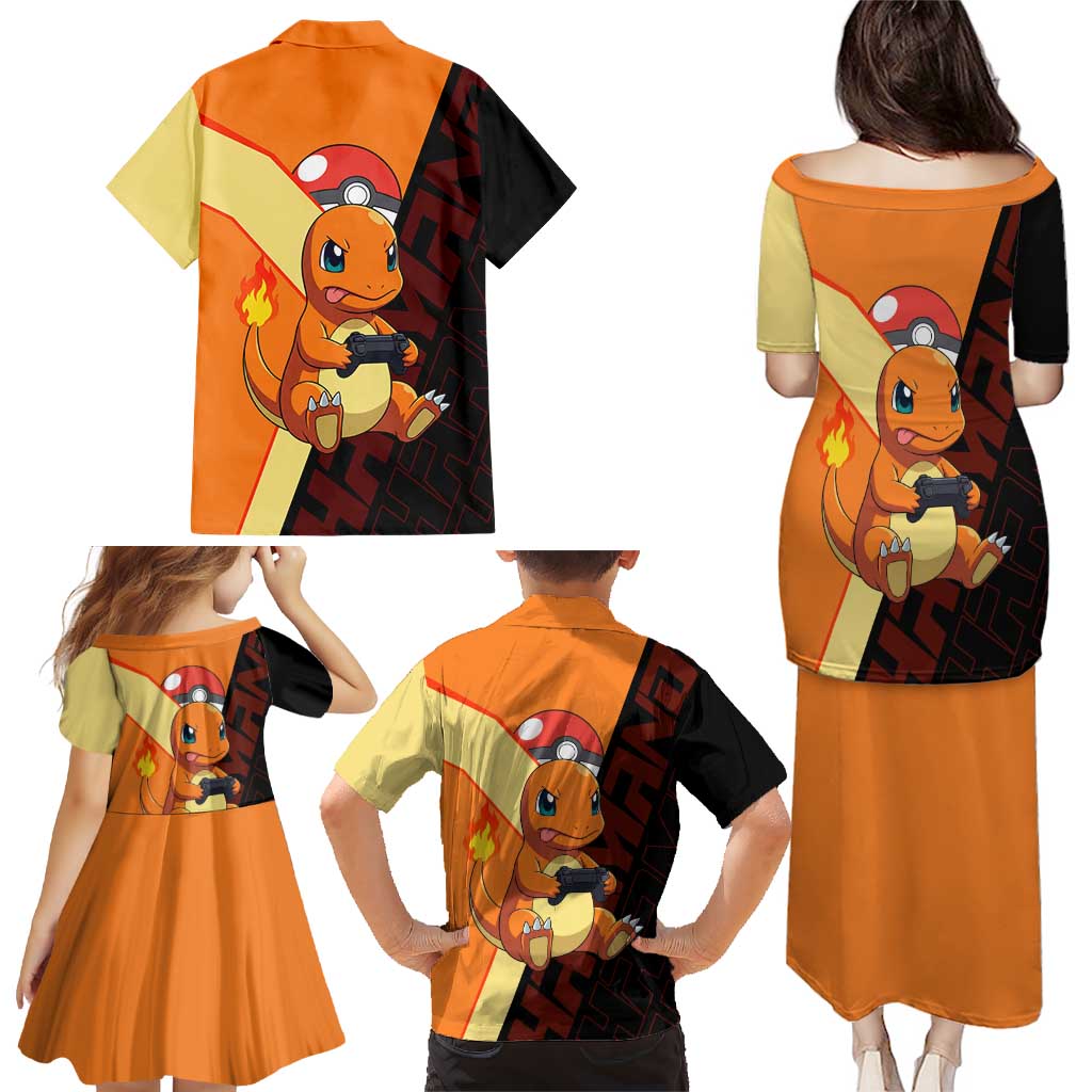 Charmander Poké Family Matching Puletasi and Hawaiian Shirt Playful Retro Anime Style
