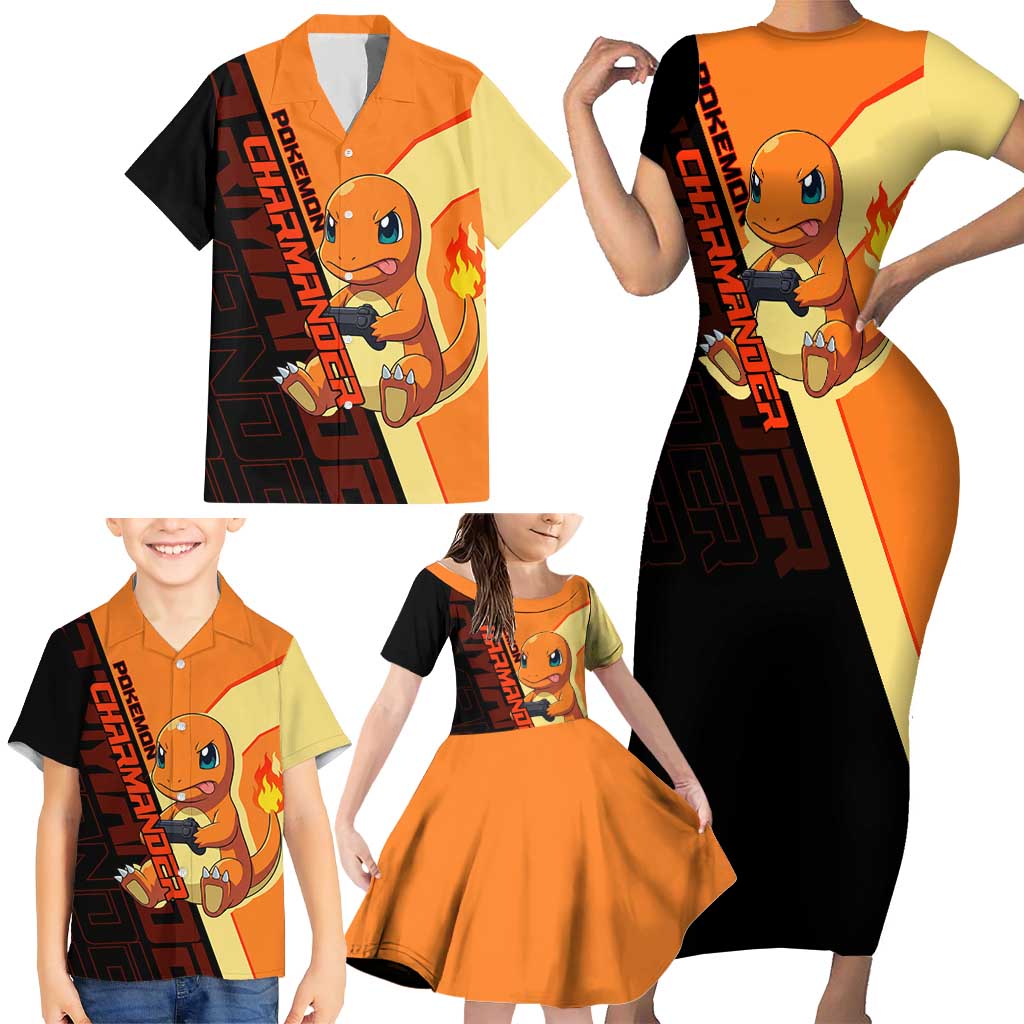 Charmander Poké Family Matching Short Sleeve Bodycon Dress and Hawaiian Shirt Playful Retro Anime Style
