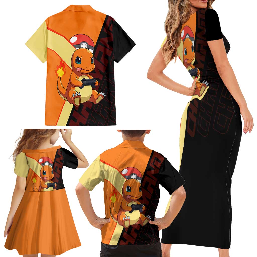 Charmander Poké Family Matching Short Sleeve Bodycon Dress and Hawaiian Shirt Playful Retro Anime Style