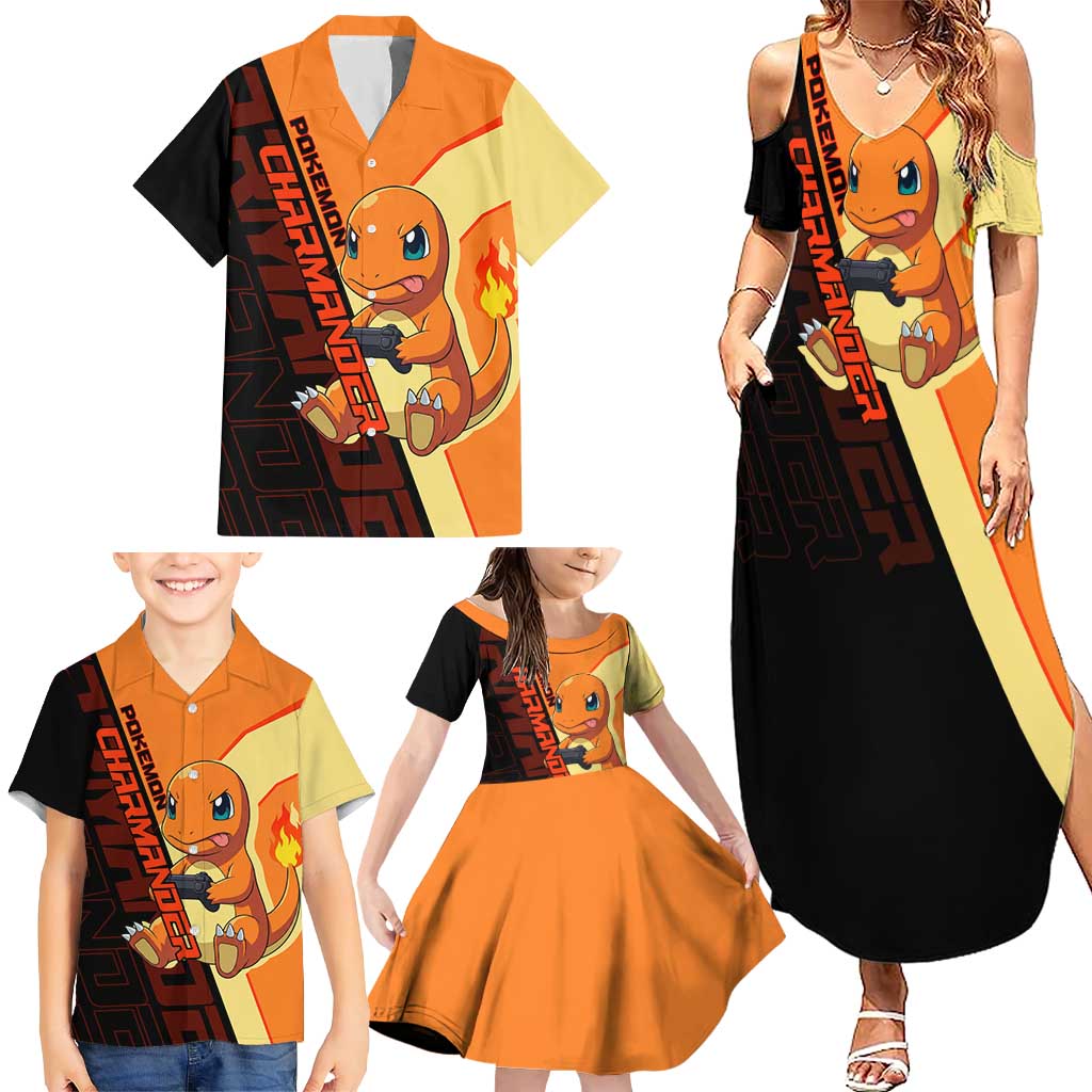 Charmander Poké Family Matching Summer Maxi Dress and Hawaiian Shirt Playful Retro Anime Style