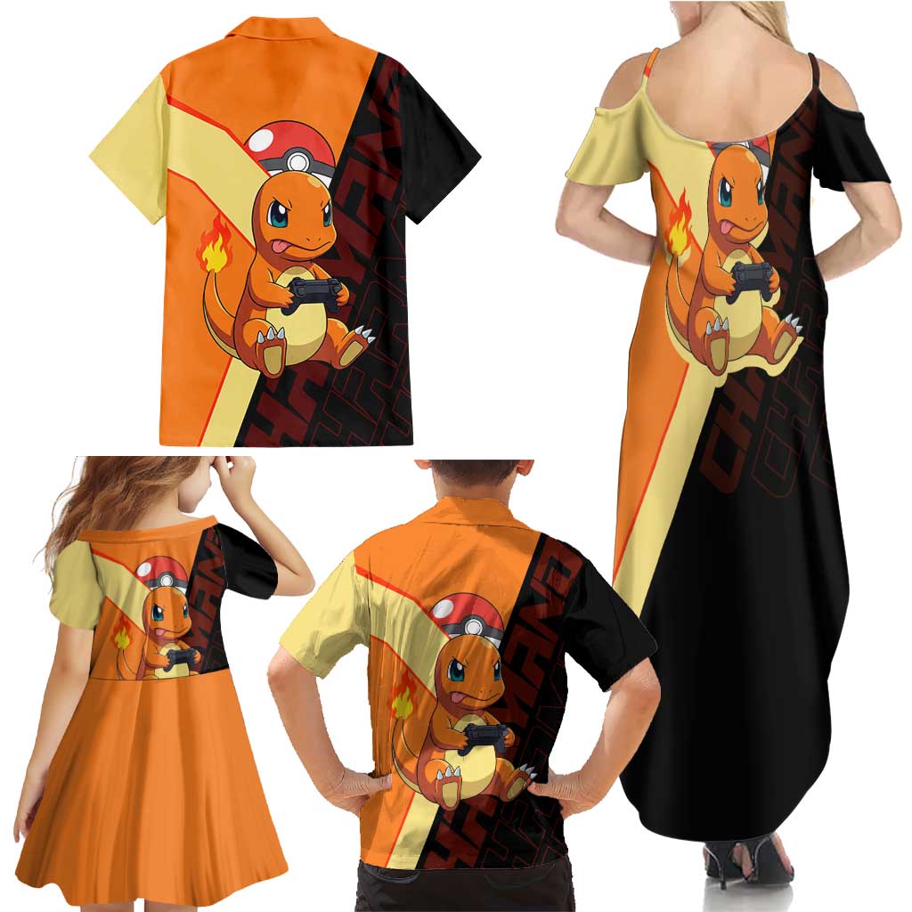 Charmander Poké Family Matching Summer Maxi Dress and Hawaiian Shirt Playful Retro Anime Style