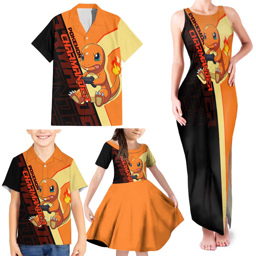 Charmander Poké Family Matching Tank Maxi Dress and Hawaiian Shirt Playful Retro Anime Style