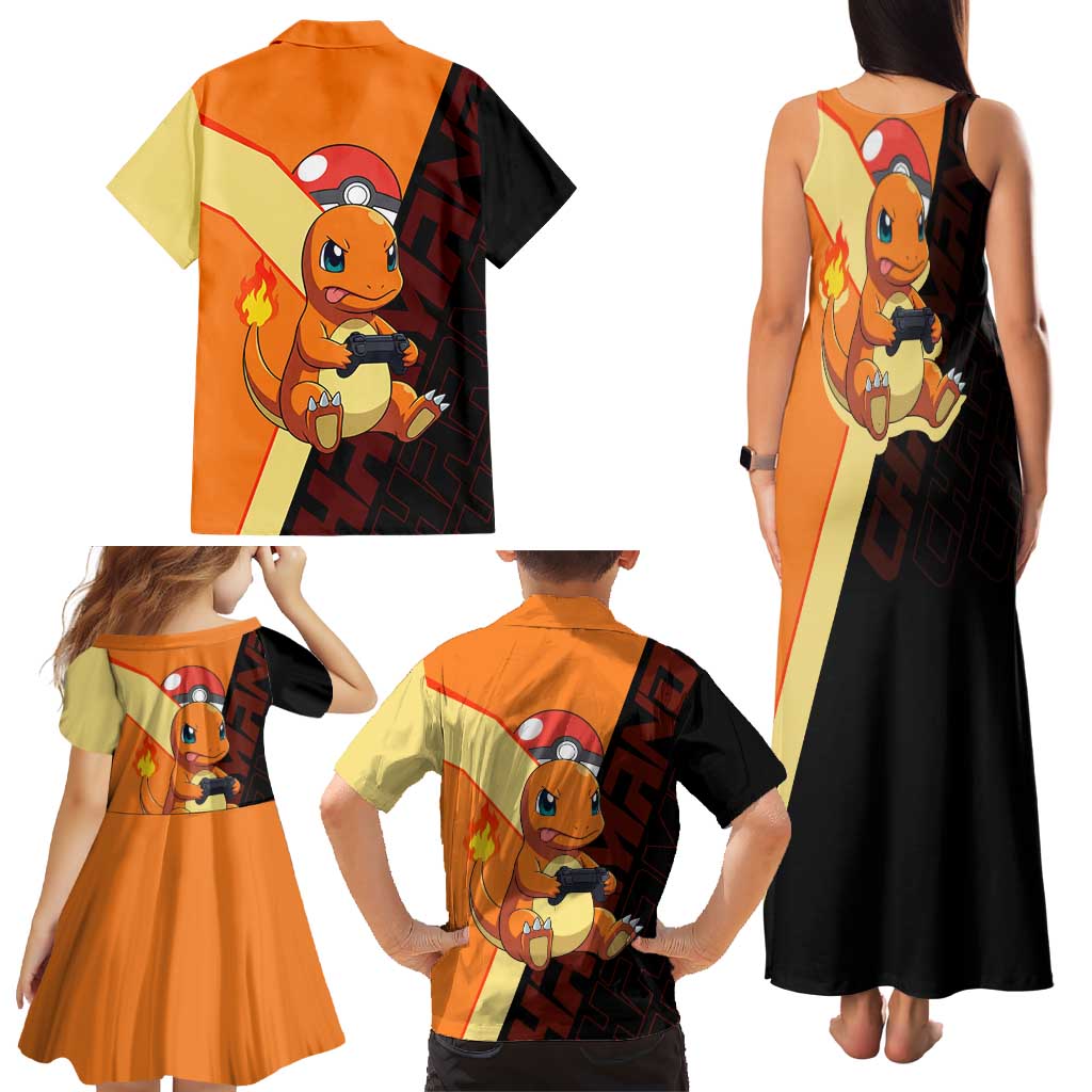 Charmander Poké Family Matching Tank Maxi Dress and Hawaiian Shirt Playful Retro Anime Style