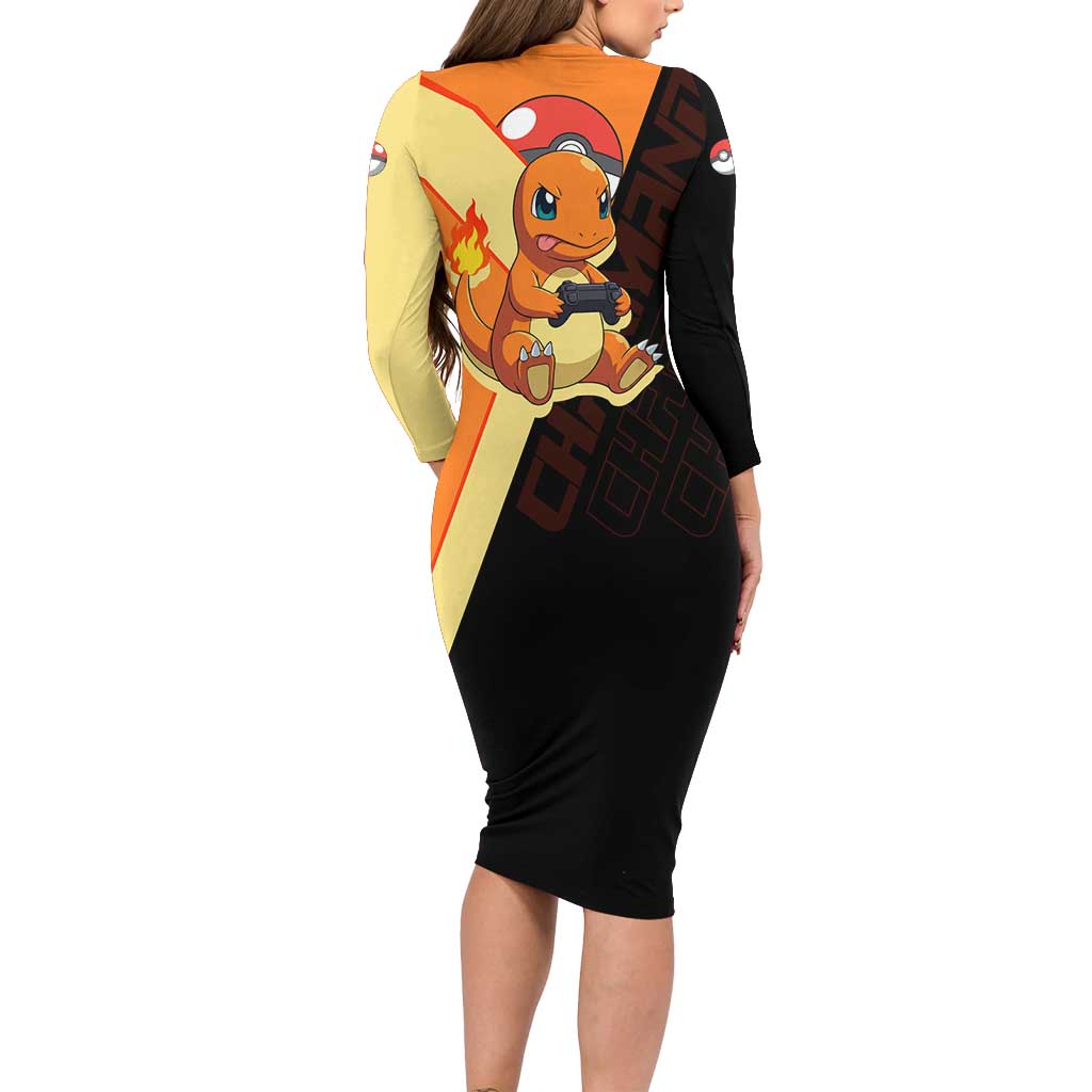 Charmander Poké Long Sleeve Bodycon Dress Playful Retro Anime Style