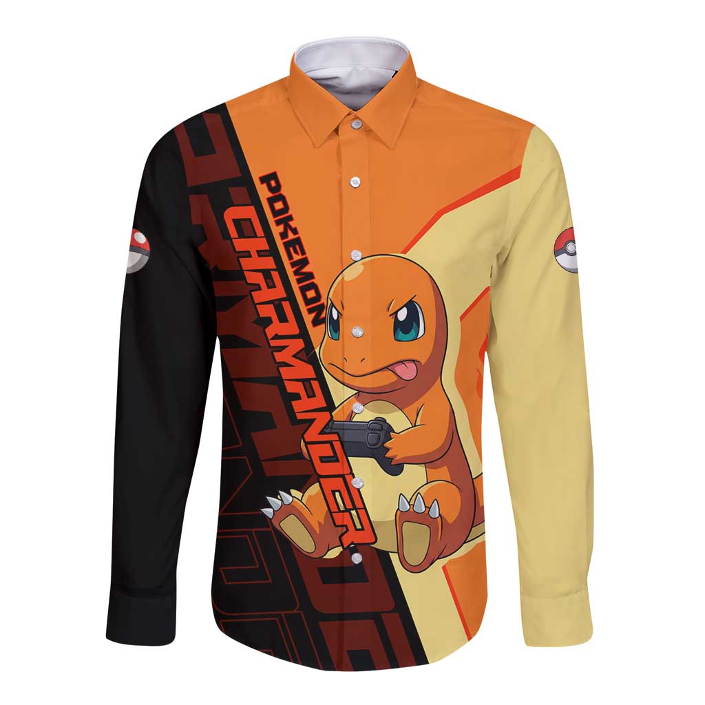 Charmander Poké Long Sleeve Button Shirt Playful Retro Anime Style