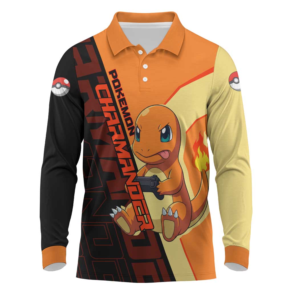 Charmander Poké Long Sleeve Polo Shirt Playful Retro Anime Style
