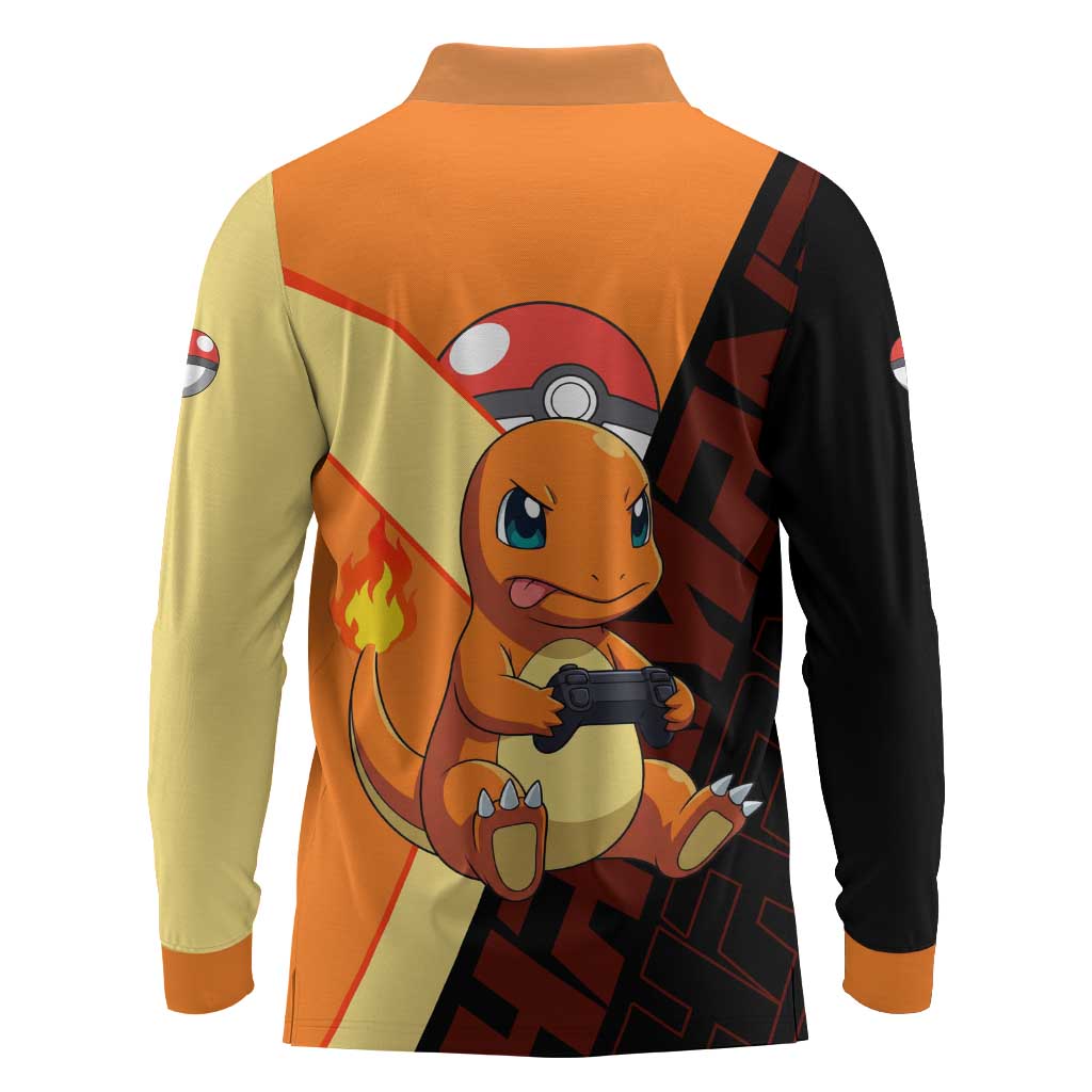 Charmander Poké Long Sleeve Polo Shirt Playful Retro Anime Style