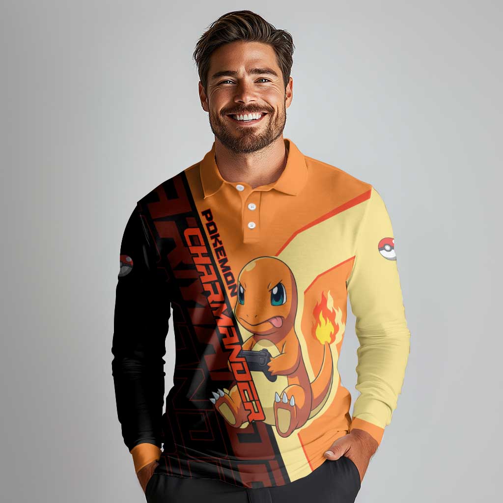 Charmander Poké Long Sleeve Polo Shirt Playful Retro Anime Style
