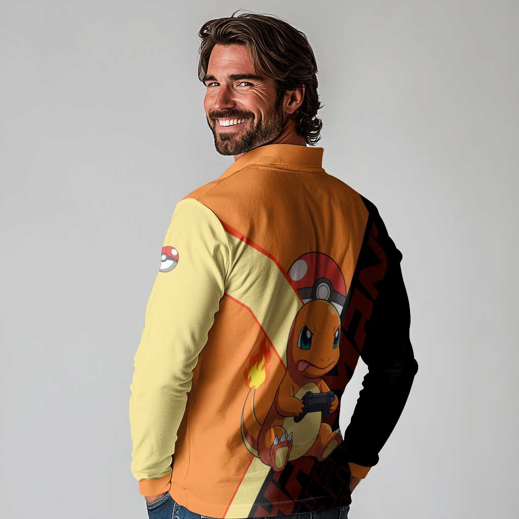Charmander Poké Long Sleeve Polo Shirt Playful Retro Anime Style
