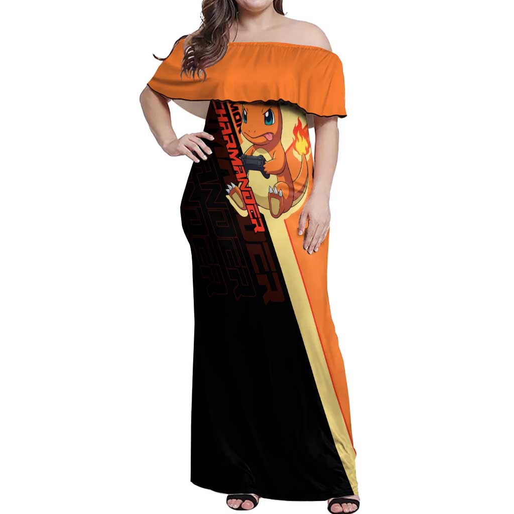 Charmander Poké Off Shoulder Maxi Dress Playful Retro Anime Style
