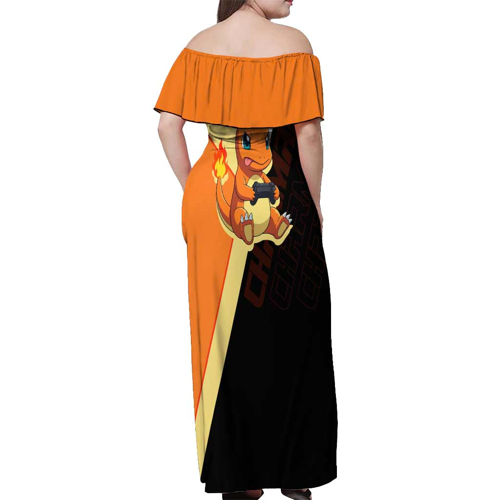 Charmander Poké Off Shoulder Maxi Dress Playful Retro Anime Style
