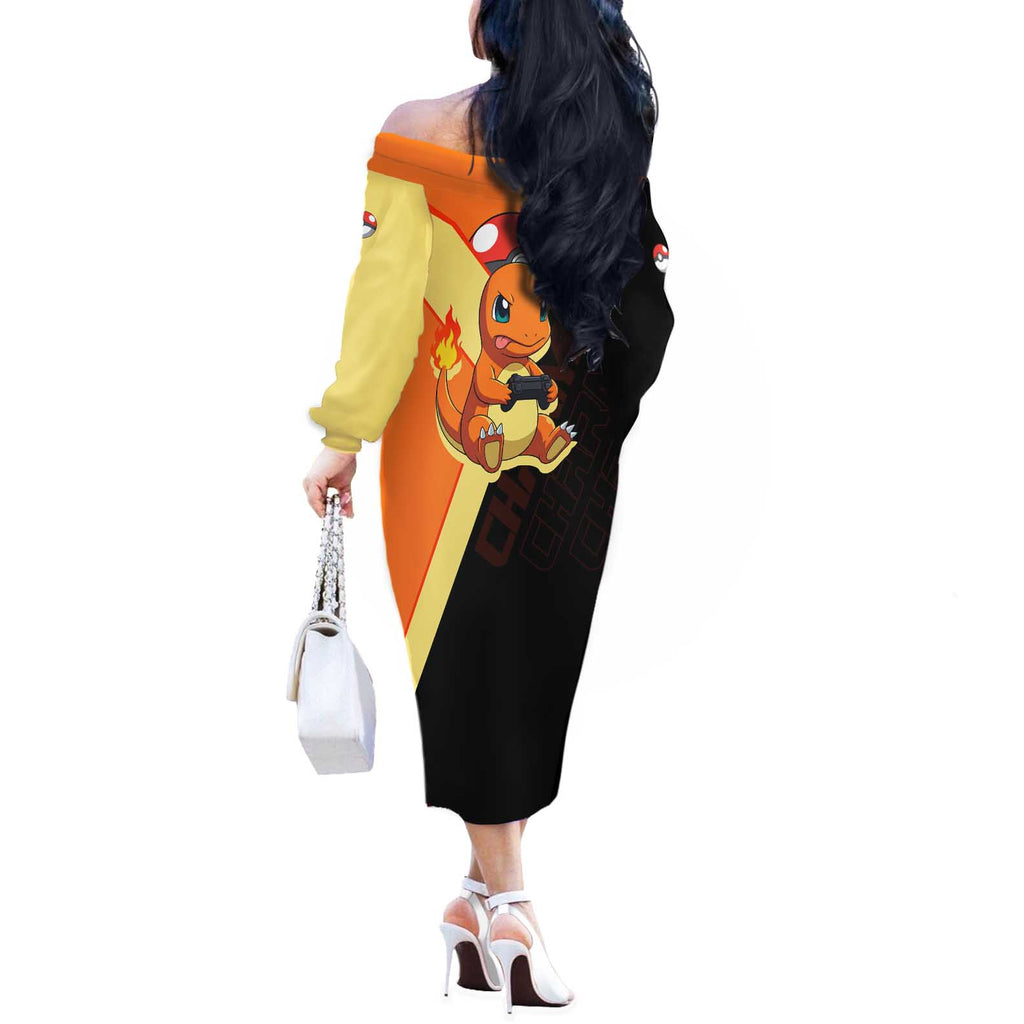 Charmander Poké Off The Shoulder Long Sleeve Dress Playful Retro Anime Style
