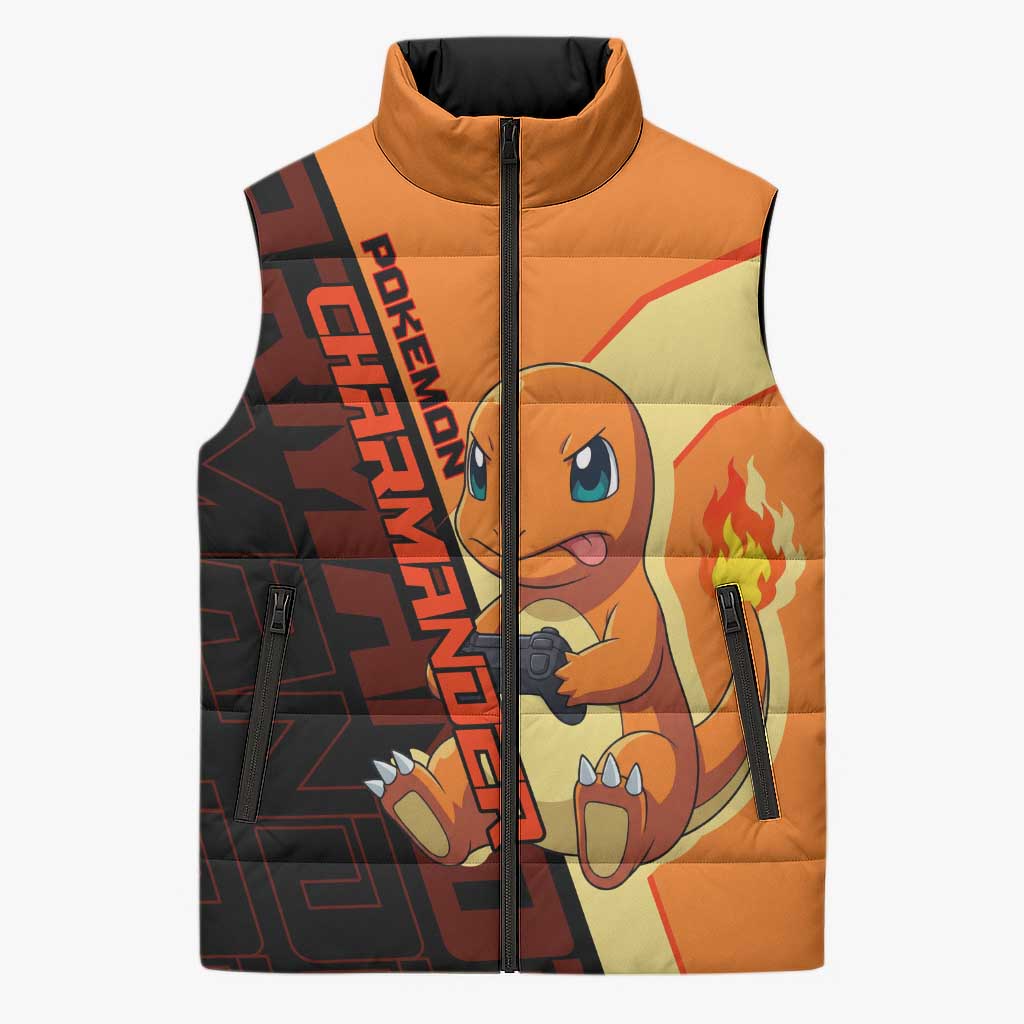 Charmander Poké Sleeveless Puffer Jacket Playful Retro Anime Style