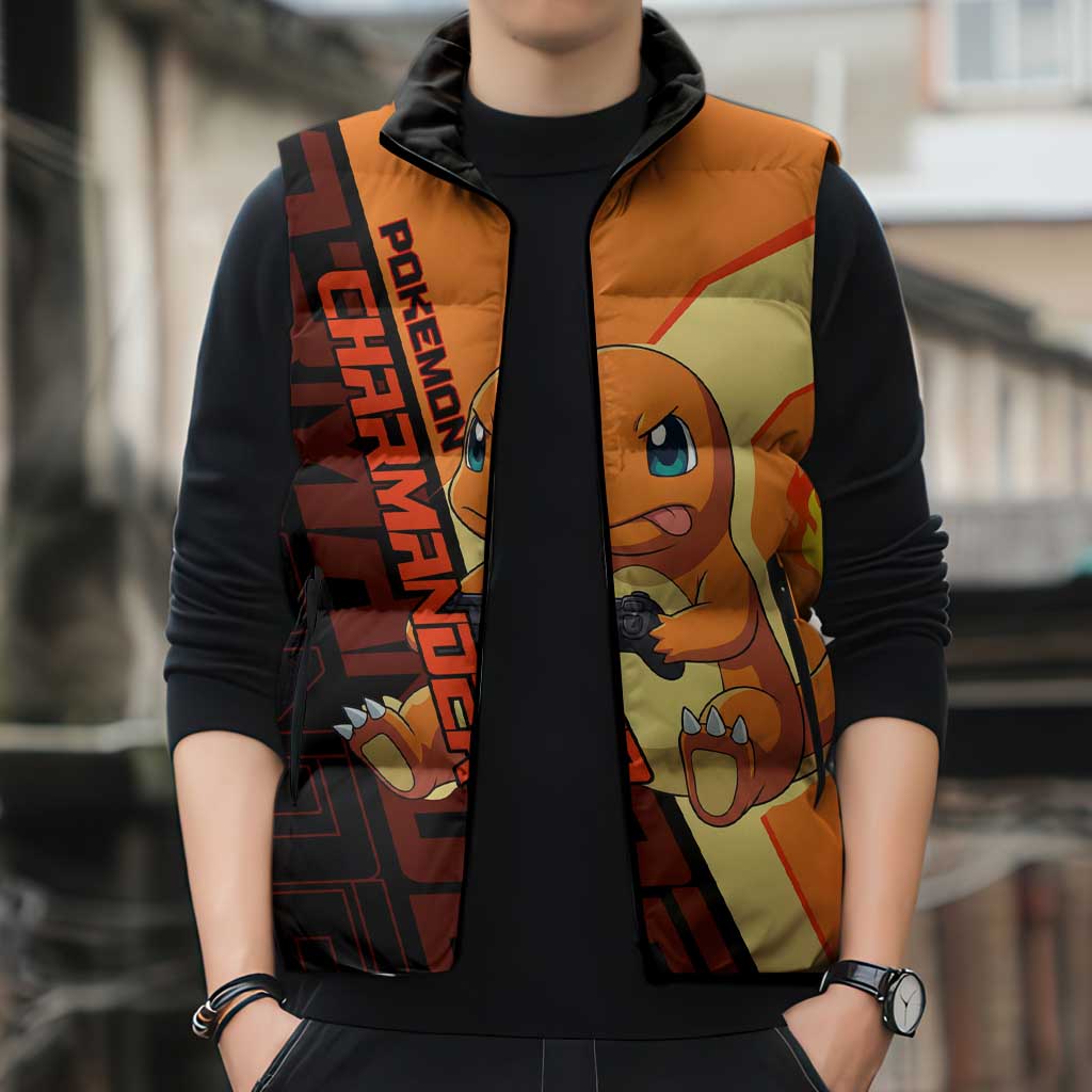 Charmander Poké Sleeveless Puffer Jacket Playful Retro Anime Style