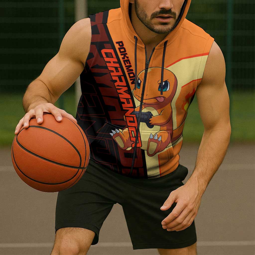 Charmander Poké Sleeveless Zip Hoodie Playful Retro Anime Style