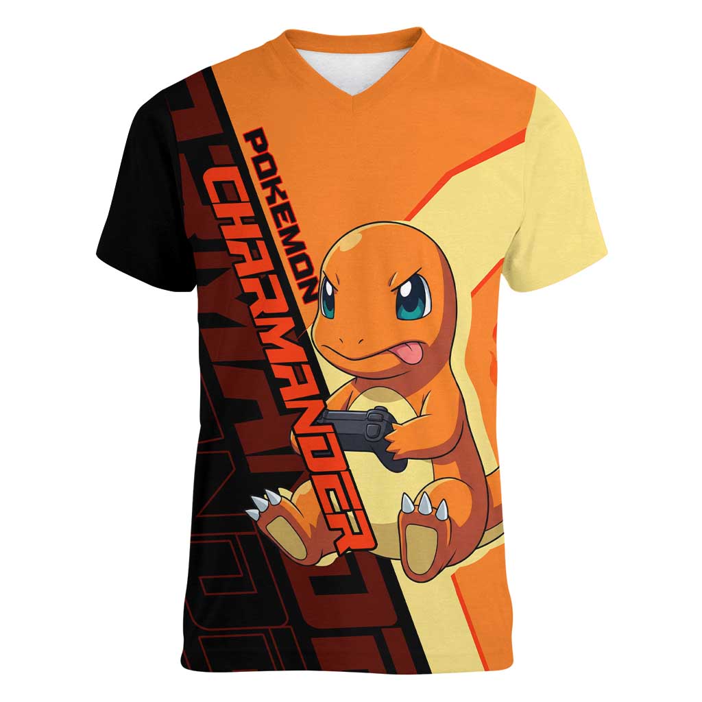 Charmander Poké Women V-Neck T-Shirt Playful Retro Anime Style