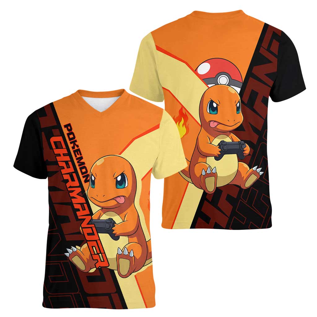 Charmander Poké Women V-Neck T-Shirt Playful Retro Anime Style