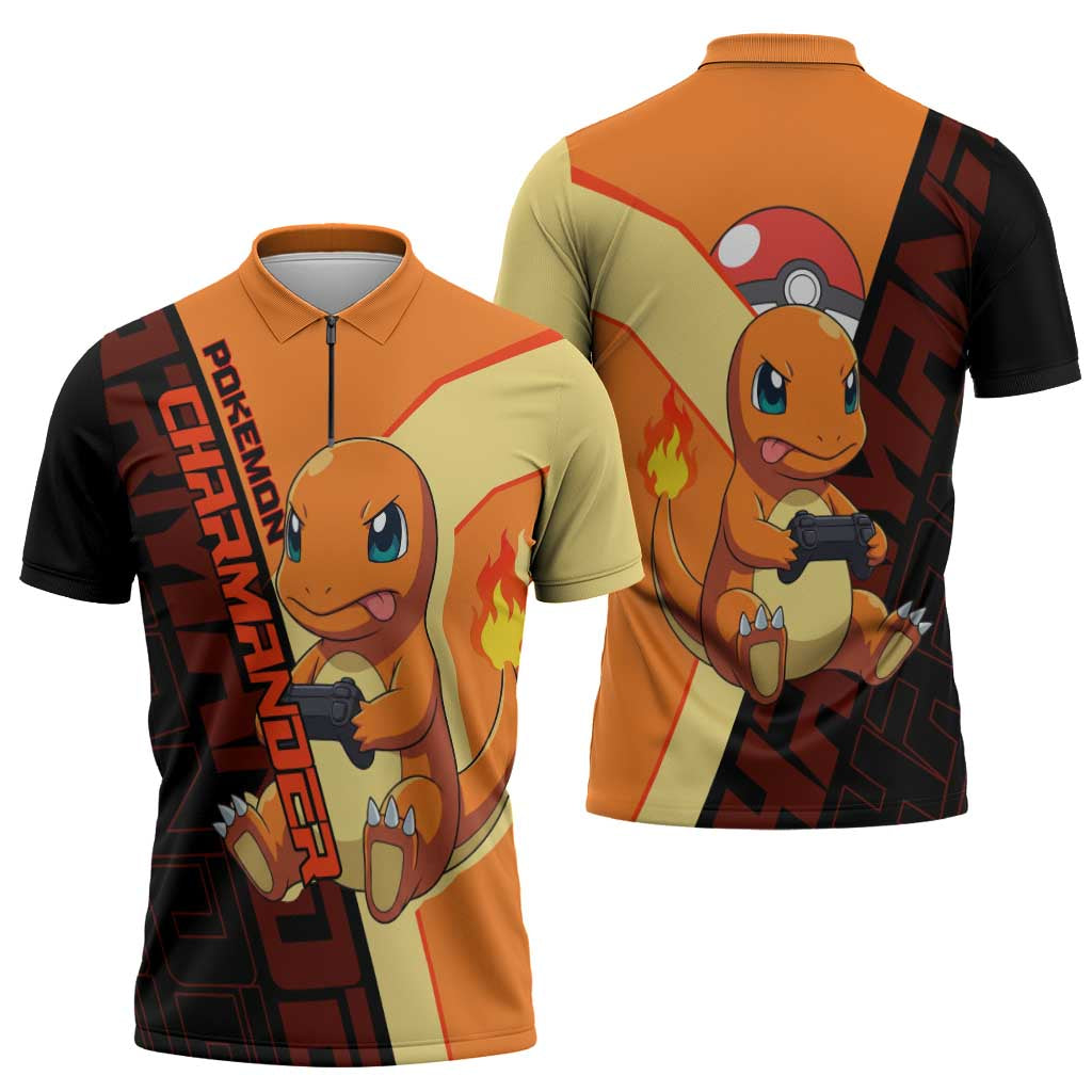 Charmander Poké Zipper Polo Shirt Playful Retro Anime Style