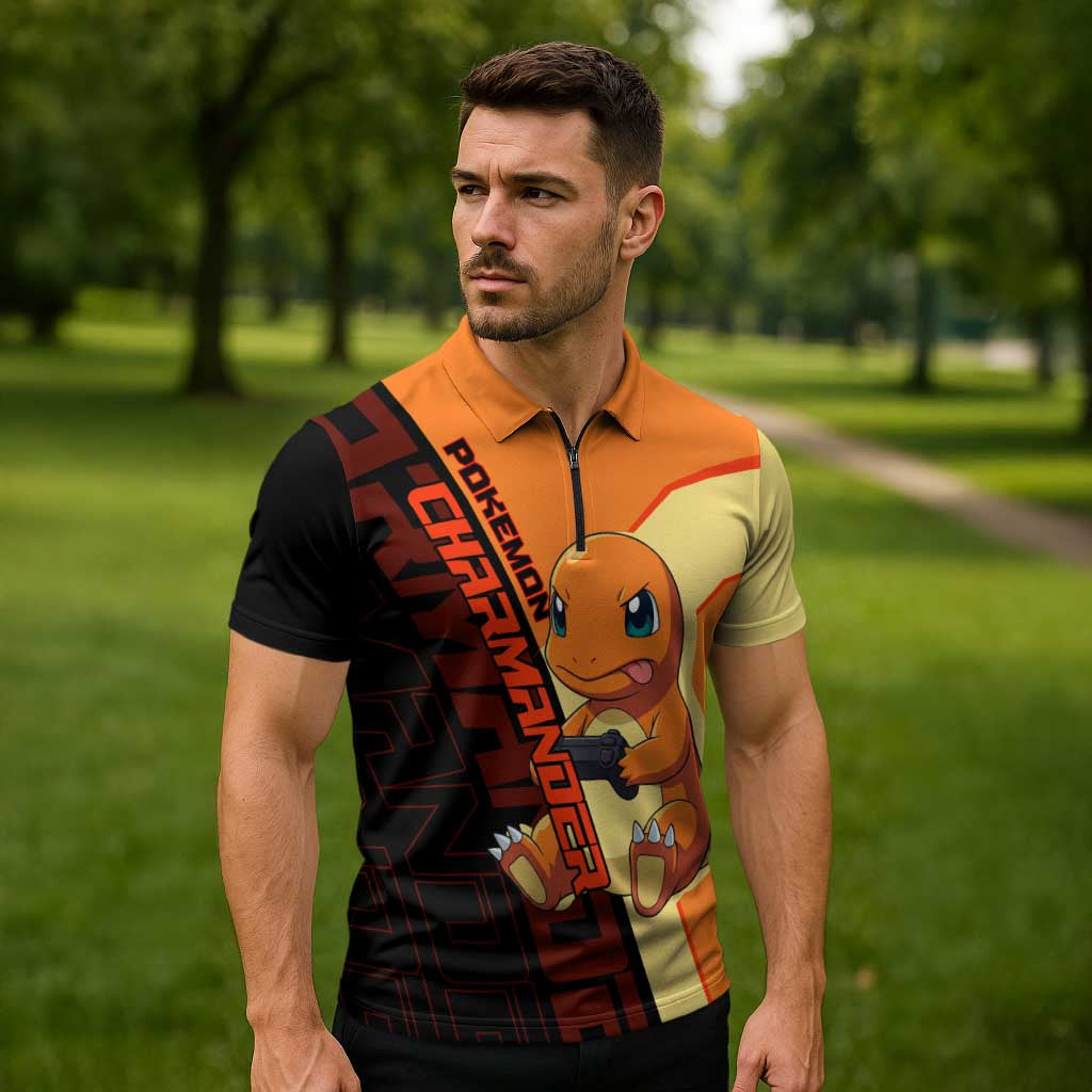 Charmander Poké Zipper Polo Shirt Playful Retro Anime Style
