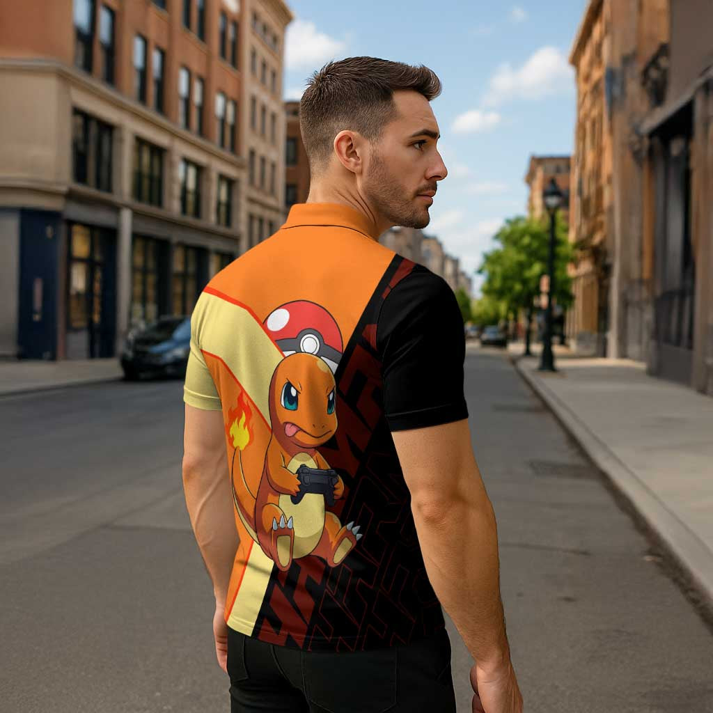 Charmander Poké Zipper Polo Shirt Playful Retro Anime Style