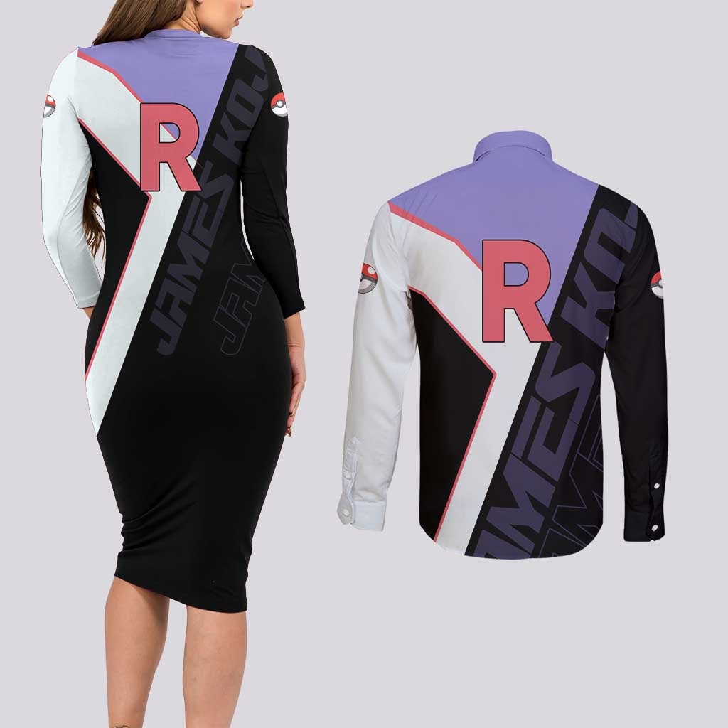 James Kojiro Poké Couples Matching Long Sleeve Bodycon Dress and Long Sleeve Button Shirt Classic Villain Anime Style