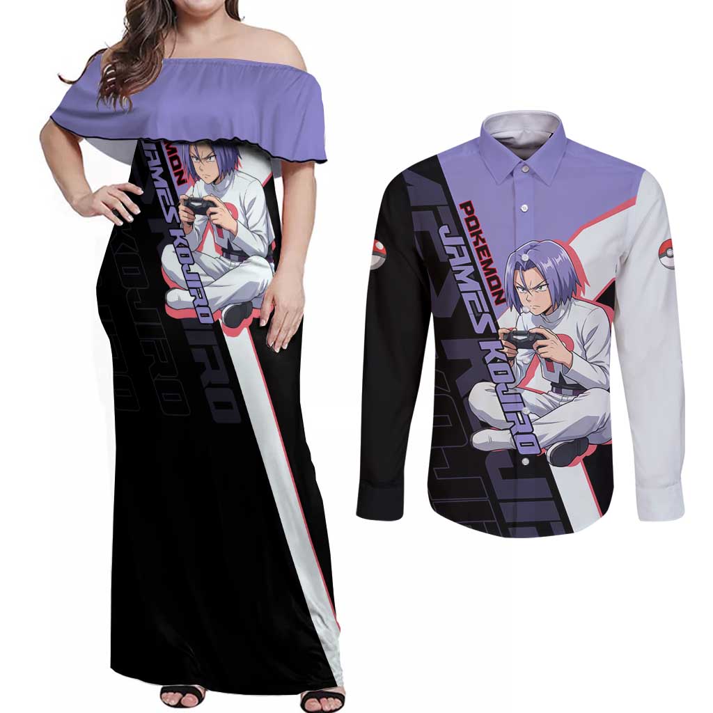 James Kojiro Poké Couples Matching Off Shoulder Maxi Dress and Long Sleeve Button Shirt Classic Villain Anime Style