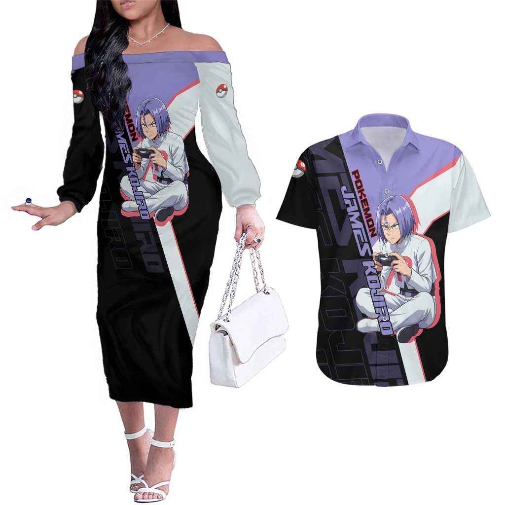James Kojiro Poké Couples Matching Off The Shoulder Long Sleeve Dress and Hawaiian Shirt Classic Villain Anime Style