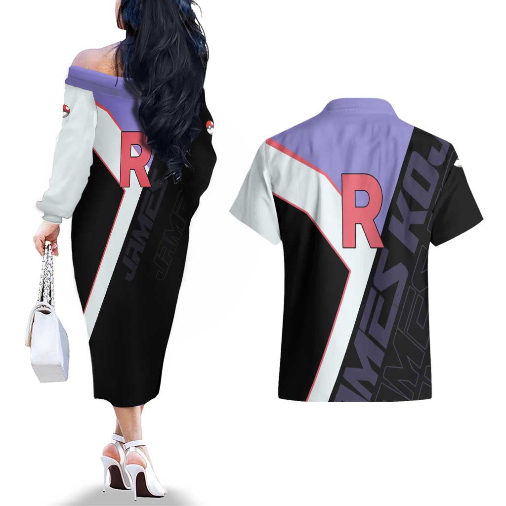 James Kojiro Poké Couples Matching Off The Shoulder Long Sleeve Dress and Hawaiian Shirt Classic Villain Anime Style