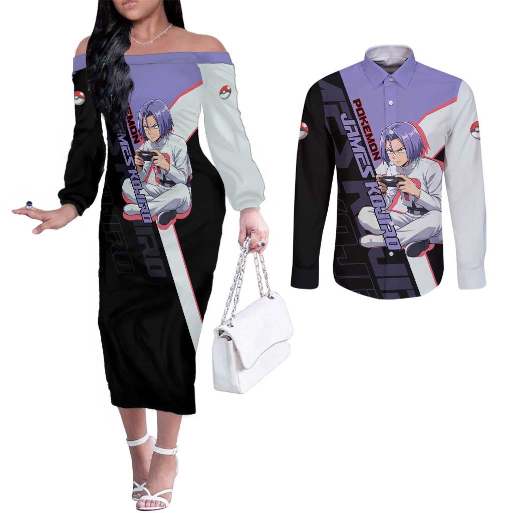James Kojiro Poké Couples Matching Off The Shoulder Long Sleeve Dress and Long Sleeve Button Shirt Classic Villain Anime Style