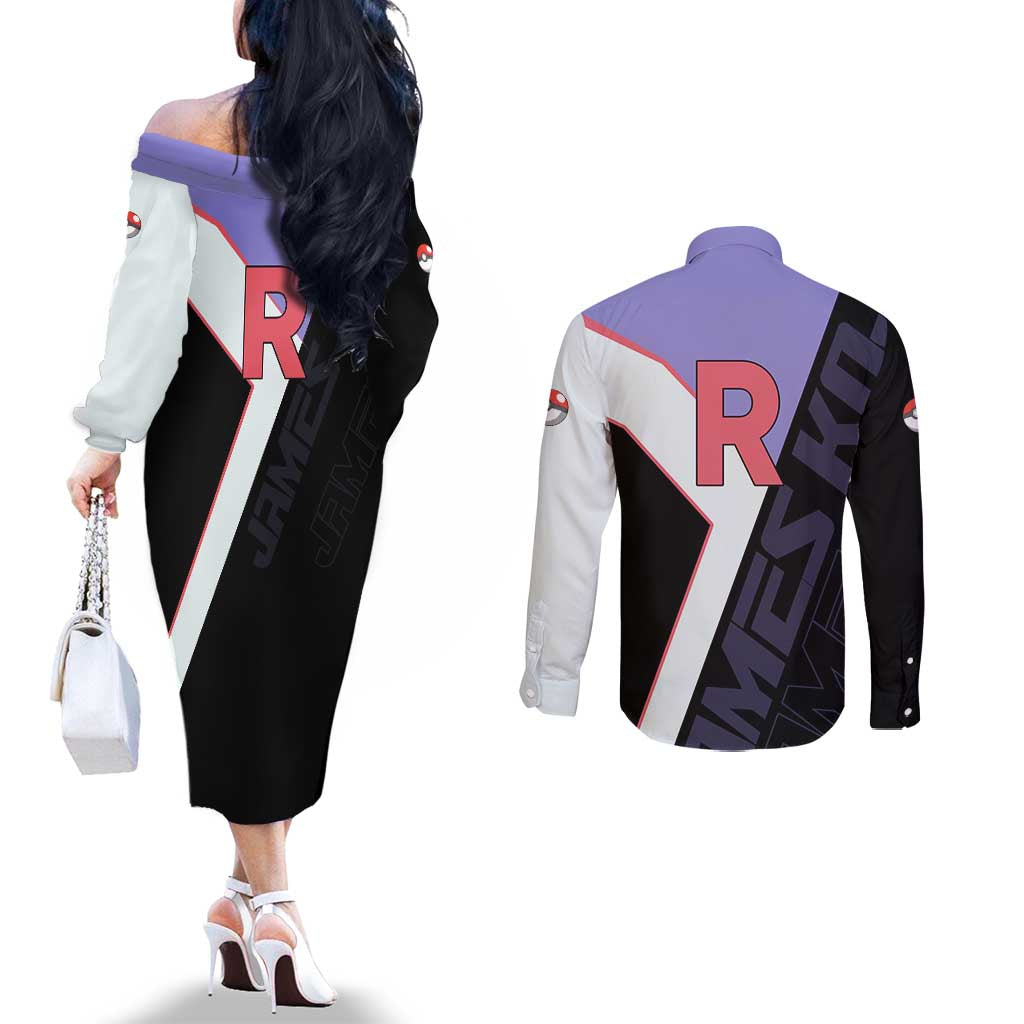 James Kojiro Poké Couples Matching Off The Shoulder Long Sleeve Dress and Long Sleeve Button Shirt Classic Villain Anime Style