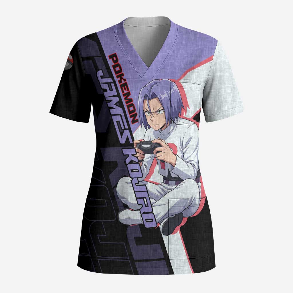 James Kojiro Poké Scrub Top Classic Villain Anime Style