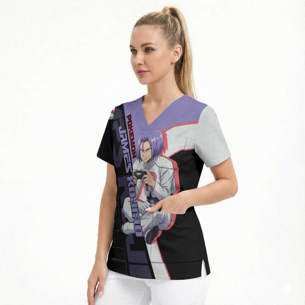 James Kojiro Poké Scrub Top Classic Villain Anime Style