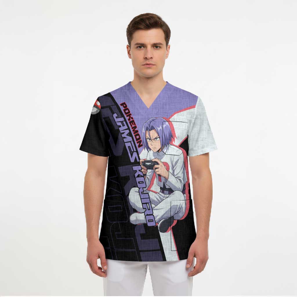 James Kojiro Poké Scrub Top Classic Villain Anime Style